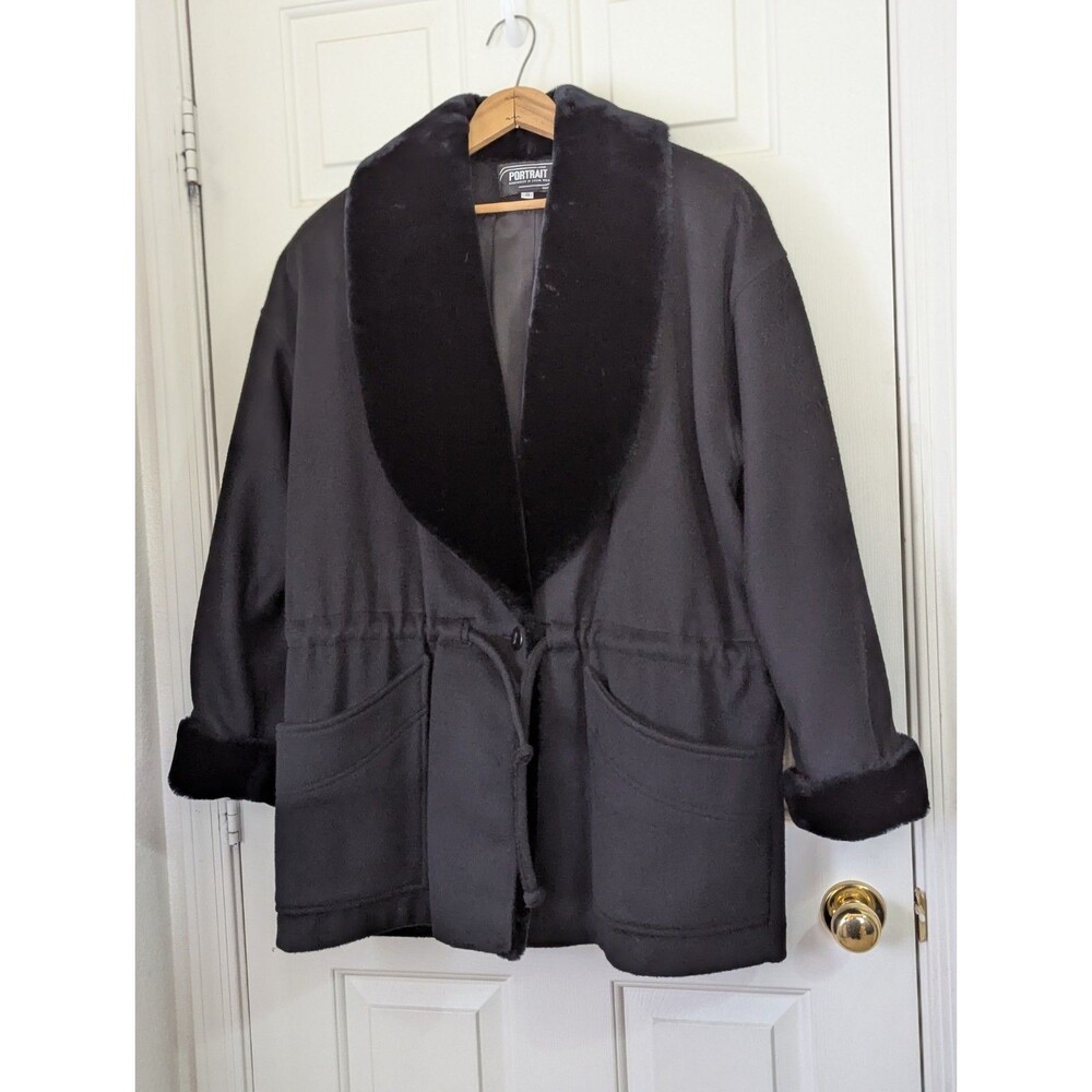 VTG Portrait Black Wool Coat Womens 8 Faux Fur Collar Cinch Pull Waist Pockets